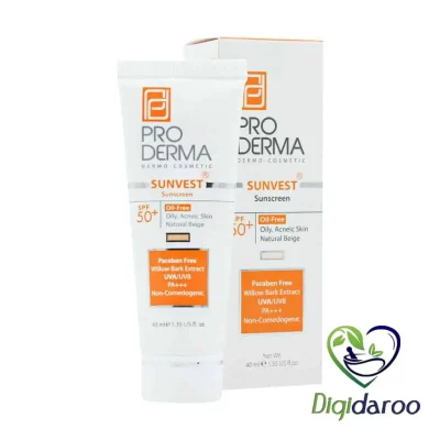 کرم ضد آفتاب فاقد چربی SPF50 پرودرما (بژ طبیعی)