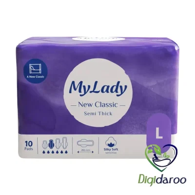 نوار بهداشتی نیوکلاسیک نیمه ضخیم (بزرگ L) مای لیدی 10 عددی (بنفش) (مسافرتی تاشده)