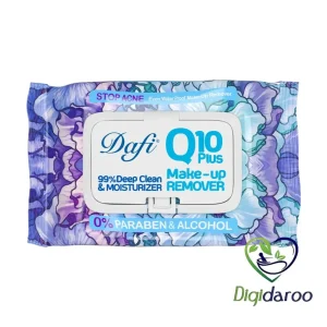 دستمال پاک کننده آرایش Q10 Plus طرح گل (Stop Acne) دافی 50 عددی (آبی)